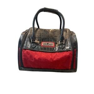 Brighton Vintage Travel Bag Black Croc Red Jacquard Scroll Heart U146737 EUC